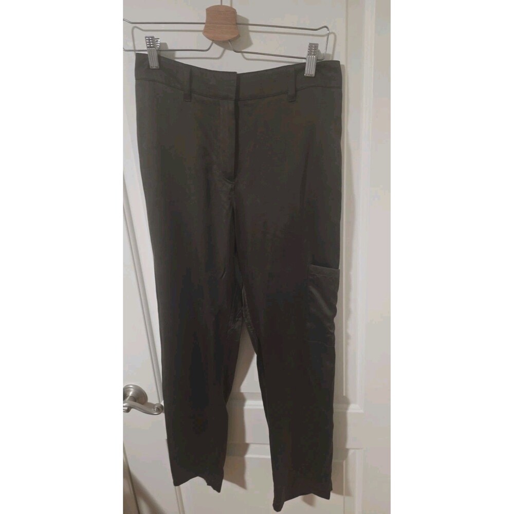 THEORY Silk Straight Trousers US2 Dark Green Classic Quiet Luxury Office Work